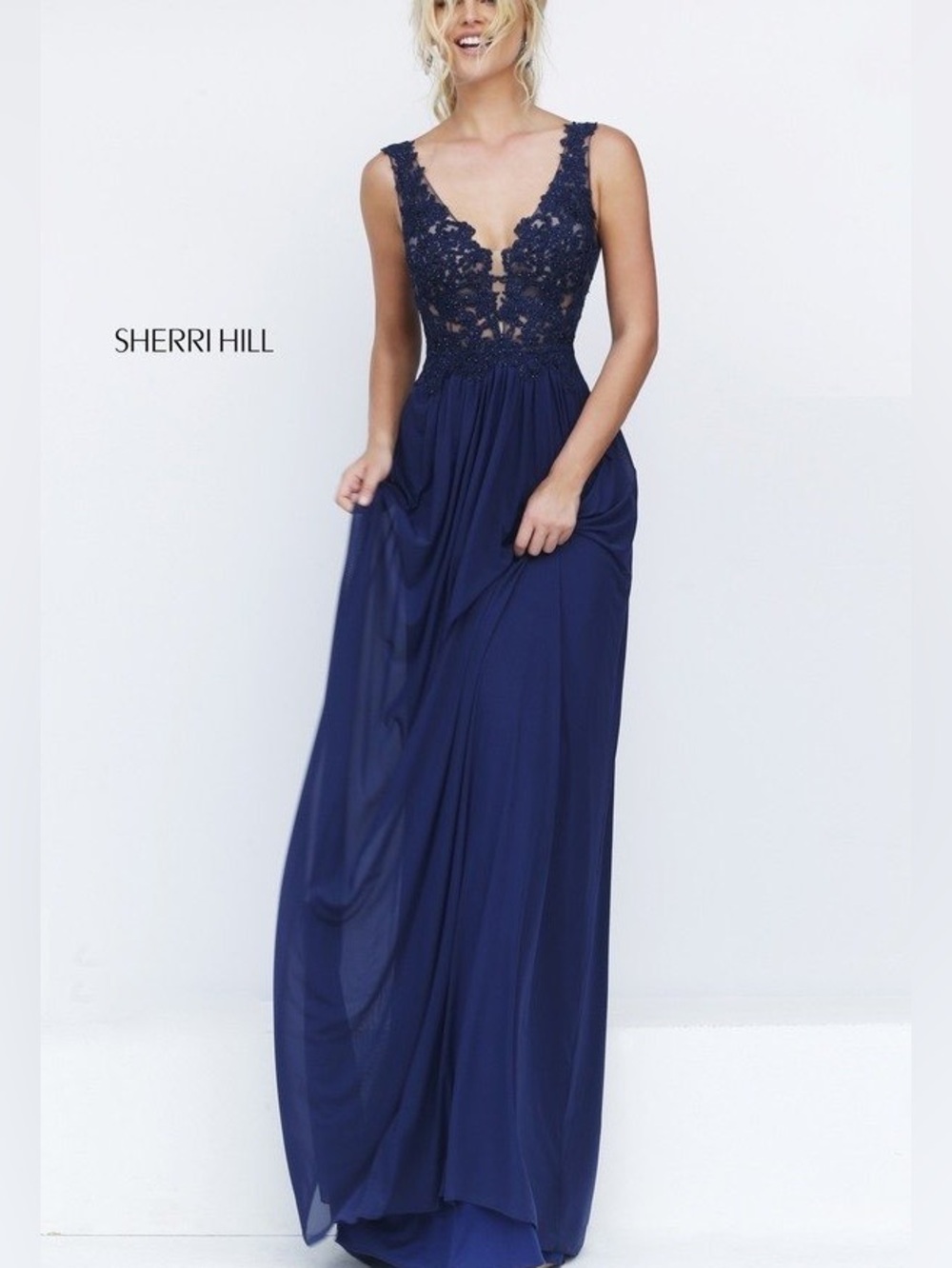 Sherri Hill Women’s 50255 Navy Maxi Prom Dress Lace Chiffon Size 0
